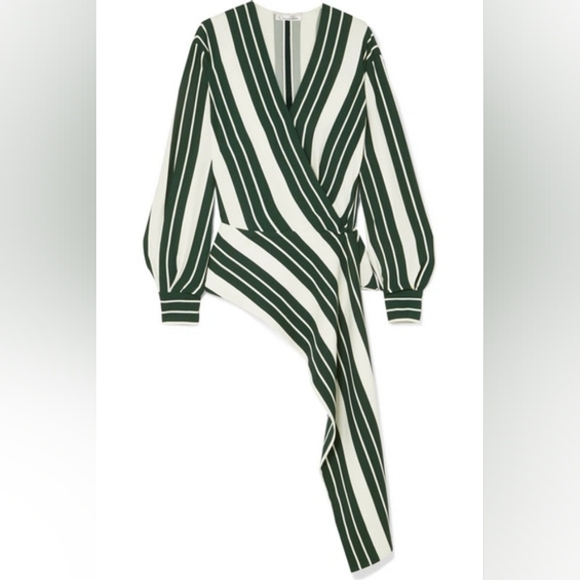 $1,790 OSCAR DE LA RENTA GREEN STRIPE ASYMMETRIC SACH CREPE BLOUSE US 0 - Picture 3 of 10